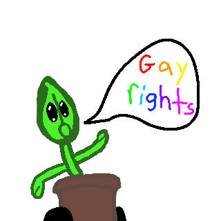 plant cabin mascot with an awestruck expression on a white background, a speech bubble says “gay rights” in rainbow coloured text