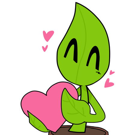 plant cabin mascot with a happy, eyes-closed expression, holding a pink heart with smaller pink hearts around their head