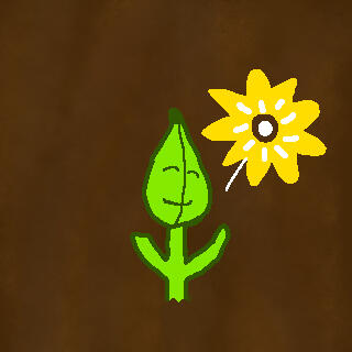plant cabin mascot with a happy smiling eyes-closed expression on a dirt brown background, a yellow flower is on the top right sprouting beside their head