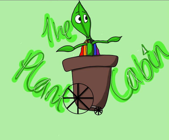 plant cabin mascot wearing a rainbow cape on a light green background, there is darker green text that says “the plant cabin”