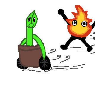 plant cabin mascot with a shocked expression is wheeling away from the fire cabin mascot who is chasing them