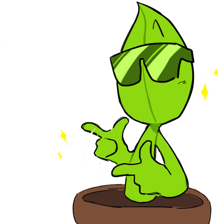 the plant cabin mascot wearing sunglasses and doing finger guns, there is text to the left of their head that reads “SWAG”, little yellow sparkles are beside their head and fingers