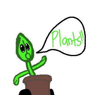 plant cabin mascot with an awestruck expression on a white background, a speech bubble says “plants!!”