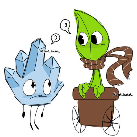 The plant cabin mascot and the Ice cabin mascot looking at eachother. plant cabin mascot is wearing a brown scarf and has a speechbubble that says ":3". ice cabin mascot has a speech bubble that says ":)"
