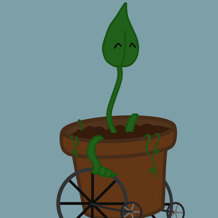 plant cabin mascot with a happy, eyes-closed expression in the centre of a muted blue background